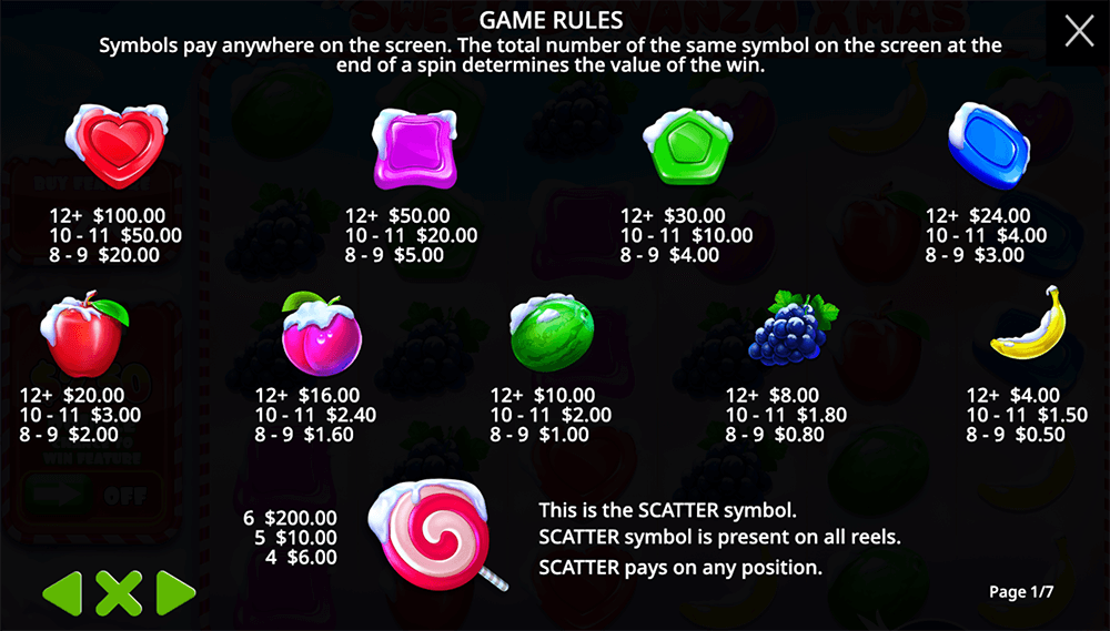 Sweet Bonanza Xmas Symbols & Paytable